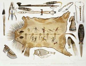 Indian Utensils and Arms, plate 21 from Volume 2 of 'Travels in the Interior of North America' 1844 by Karl Bodmer