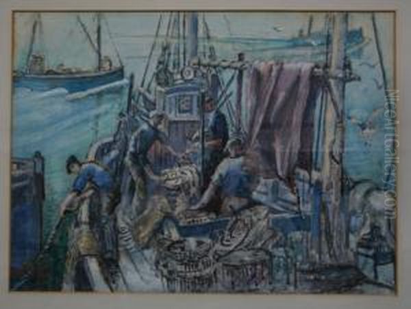 Entrance To A Harbour With Fishermen In A Trawler Preparing To Offload Their Catch - view 1