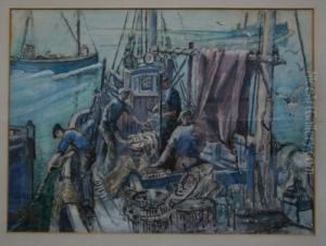 Entrance To A Harbour With Fishermen In A Trawler Preparing To Offload Their Catch Entrance To A Harbour With Fishermen In A Trawler Preparing To Offload Their Catch