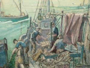 1938- Fishermen Along The Quayside Circa 195 by Isabel Wrightson