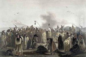 Scalp Dance of the Minatarres, plate 27 from volume 2 of `Travels in the Interior of North America' by Karl Bodmer