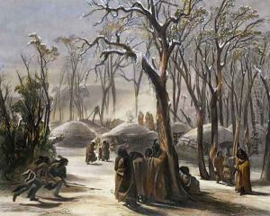 Winter Village of the Minatarres, plate 26 from Volume 2 of 'Travels in the Interior of North America', 1844 by Karl Bodmer