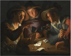 Three Cardplayers Around A Table Lit By A Candle by Peter Wtewael