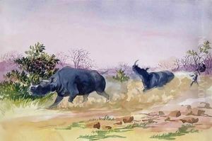 John Sawing's narrow escape from being run down by a couple of rhinoceros, north of the Makabie River, 1862