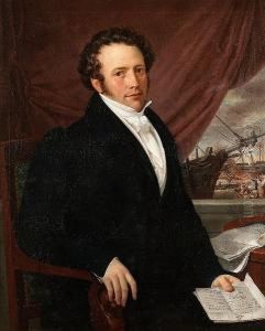 Portrait Of A Gentleman Seated In An Interior, A View Of A Dockyard Beyond