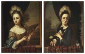 Portrait Of A Young Lady, Half-length, Standing In A Window With Aparrot, A Landscape Beyond by Mathijs Wulfraet