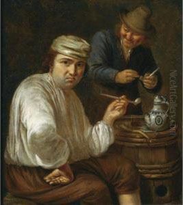 A Peasant Seated Next To A Barrel Smoking A Pipe, Another Onestanding Behind Him Preparing A Pipe