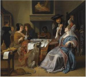 An Elegant Company In An Interior Drinking And Smoking, With Aviolin And A Music Book On A Table In The Foreground by Mathijs Wulfraet
