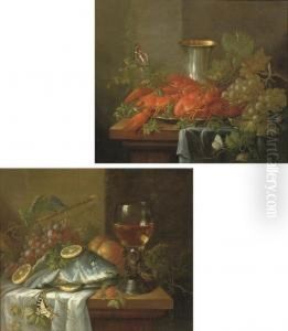 Crayfish On A Silver Plate, A Silver Beaker And Grapes With Butterflies On A Partially Draped Table by Wilhelm Ernst Wunder