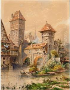 A Town On The Water Front, Possibly Nurnberg by Hermann, Moritz H. Wunderlich