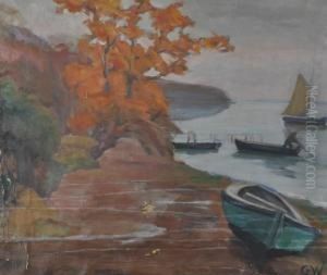 Beached Boats By A Lake by Gustav Wunderwald
