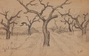 Geltow, Obstplantage Und Sandweg. Kohlezeichnung