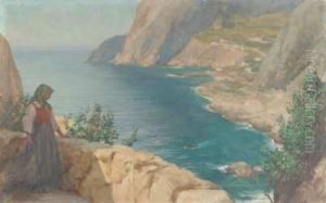 Junge Bauerin Blickt Uber Die Kuste Von Capri by Wilhelm Wunderwald
