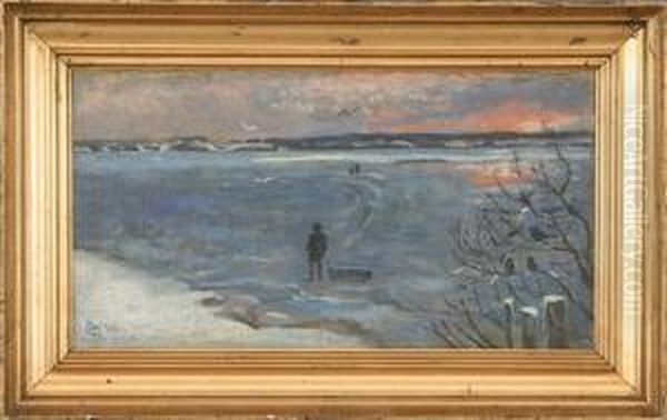 Winterscape, Sunset At A Frozen Lake - view 1