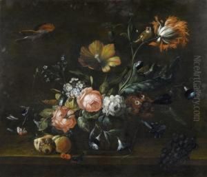 Still Life With Flowers, Small Birds And Abutterfly