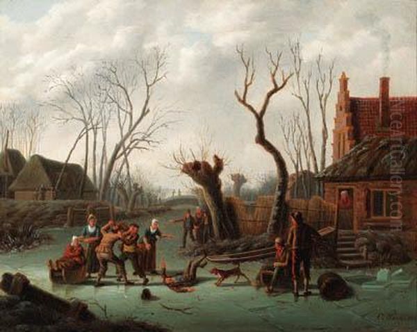 A Horse-drawn Sledge Stopping At A Koek En Zopie Stand; Boorsfighting On The Ice - view 1