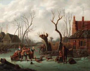 A Horse-drawn Sledge Stopping At A Koek En Zopie Stand; Boorsfighting On The Ice by Christoffel Wust