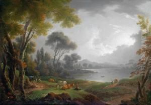 Paesaggio Romantico Con Pastore E Gregge Sulle Rive Di Un Lago by Michael Wutky