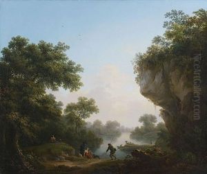 Pecheurs Devant Une Riviere Traversant Un Paysage De Rochersboises by Michael Wutky