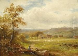 Figures Resting By A Fallen Tree With Sheep Grazing In An Extensive Landscape Beyond by Lewis William Wyatt