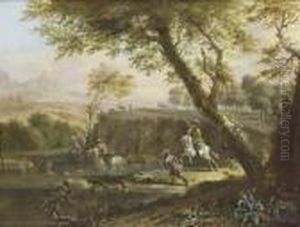 A Wooded River Landscape With A Stag Hunt by Jan Wyck