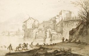 River Landscape: Figures At A Ferry Landing Below A Ruinedbridge River Landscape: Figures At A Ferry Landing Below A Ruinedbridge
