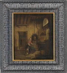 A Maid With Dogs In A Kitchen Interior