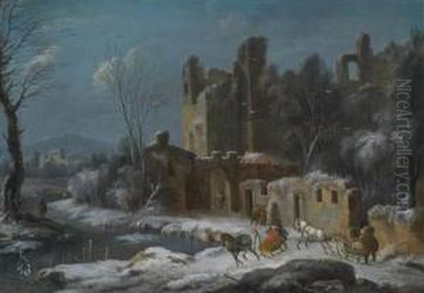 A Winter Landscape With Travellers In A Sledge Drawn By Horses - view 1