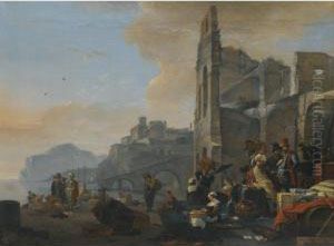 An Italianate Coastal Landscape With Figures In Oriental Dress At Market by Thomas Wyck