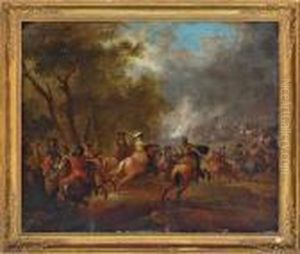 A Battle Scene With An Officer On Horseback Directing His Troops To The Battle Ground Beyond by Thomas Wyck