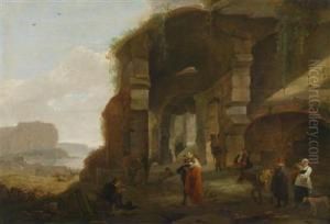 A Southern Landscape With Figures Nearruins And A Seaport