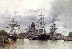 Dordrecht Harbor With Shipping And Cathedral by Frank Myers Boggs