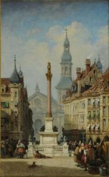 Munich. Crowded Street Scene With Figures Milling Around A Column And Statue In A Square - view 1