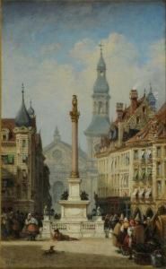 Munich. Crowded Street Scene With Figures Milling Around A Column And Statue In A Square by William Wyld