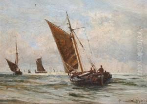 A Fishing Boat And Barges In Sail, Possiblythe Thames Estuary by Charles William Wyllie