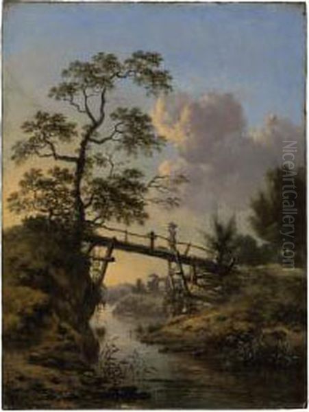 A Stream With A Peasant Woman Crossing A Footbridge - view 1