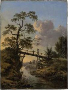 A Stream With A Peasant Woman Crossing A Footbridge