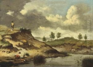 A River Landscape With Anglers On A Bank by Jan Wijnants