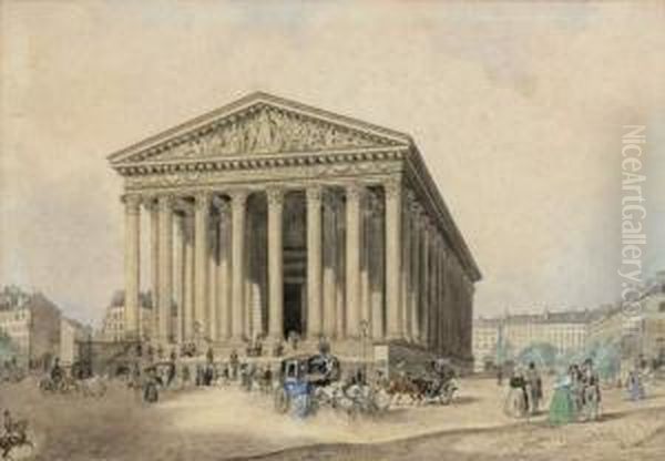 Vue Animee De La Place De La Madeleine A Paris
 Plume Et Encre Noire, Lavis Gris Et Aquarelle Avec Rehauts De Gouache Blanche - view 1