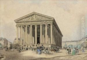 Vue Animee De La Place De La Madeleine A Paris
 Plume Et Encre Noire, Lavis Gris Et Aquarelle Avec Rehauts De Gouache Blanche by Augustus Wijnantz