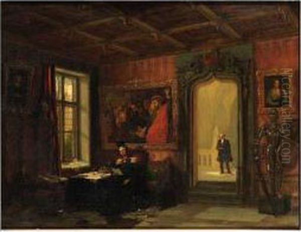 King Willem Ii Of The Netherlands Seated In His Study At The Palacekneuterdijk, The Hague, With His Comptroller Victor Amadeotrossarello Standing In The Doorway In The Background - view 1