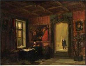 King Willem Ii Of The Netherlands Seated In His Study At The Palacekneuterdijk, The Hague, With His Comptroller Victor Amadeotrossarello Standing In The Doorway In The Background by Augustus Wijnantz