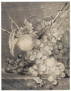 Still Life Of Grapes And Other Fruit On A Ledge by Oswald Wynen