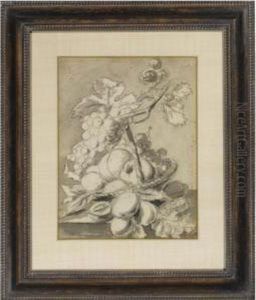 Still Life Of Fruit In A Basket On A Ledge by Oswald Wynen