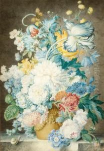 A Large Variety Of Flowers In A Vase, Together With A Snail And Two Butterflies