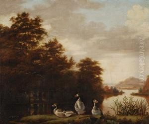 Three Ducks By A Lake In An Extensive Landscape Three Ducks By A Lake In An Extensive Landscape