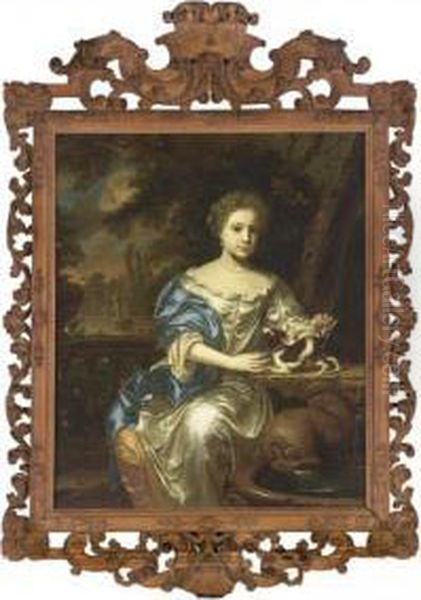 A Portrait Of A Young Lady, Said To Be Maria Simonides Van Nijs, Seated Three-quarter Length, Wearing A White Satin Dress With Orange Satin Lining And A Blue Satin Shawl With Pearl Jewellery, Together With A Dog On A Table Near A Fountain, A View Of A Gar - view 1