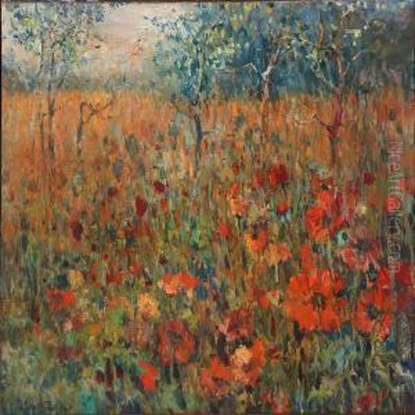 Trees In A Meadow With Poppies In Bloom - view 1