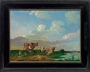 Melkende Hirtin Am Flussufer by Franciscus Xaverius Xavery