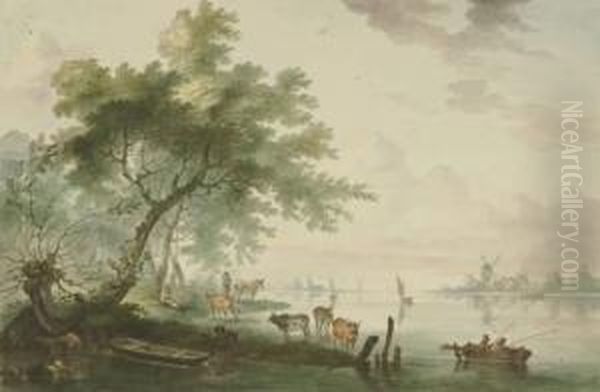 2 Bll.: Flusslandschaften Mit Vieh Und Booten. - view 1